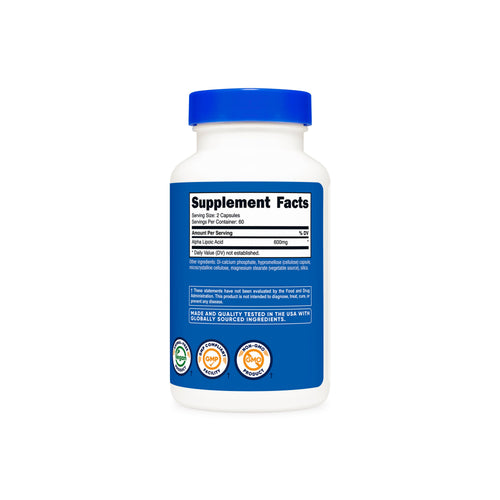 Nutricost Alpha Lipoic Acid Supplement Facts: 600 mg per 2-capsule serving, 60 serves