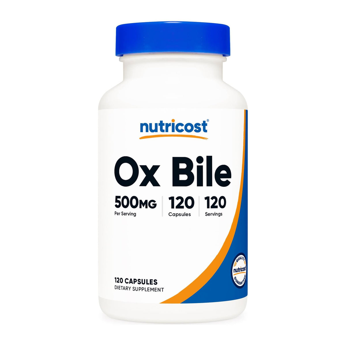 Nutricost Ox Bile Capsules, front of bottle (500mg, 120 capsules) - Image 1