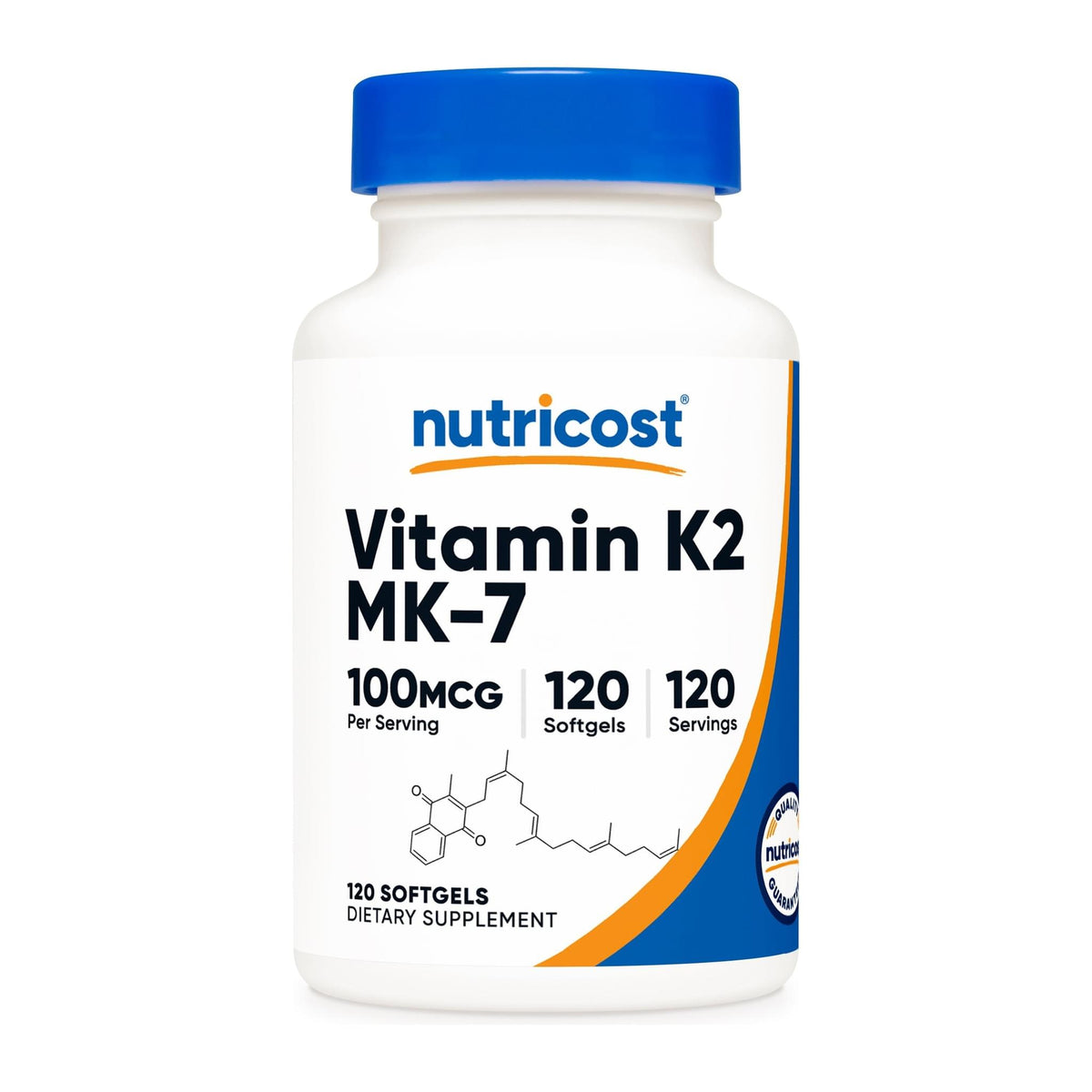 Vitamin K2 MK7 100 mcg by Nutricost, front of bottle (120 softgels) - Image 4