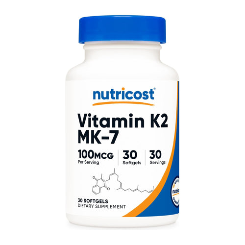 Vitamin K2 MK7 100 mcg by Nutricost, front of bottle (30 softgels)