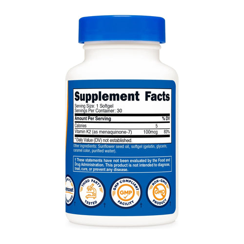 Vitamin K2 MK7 100 mcg by Nutricost, supplement facts panel