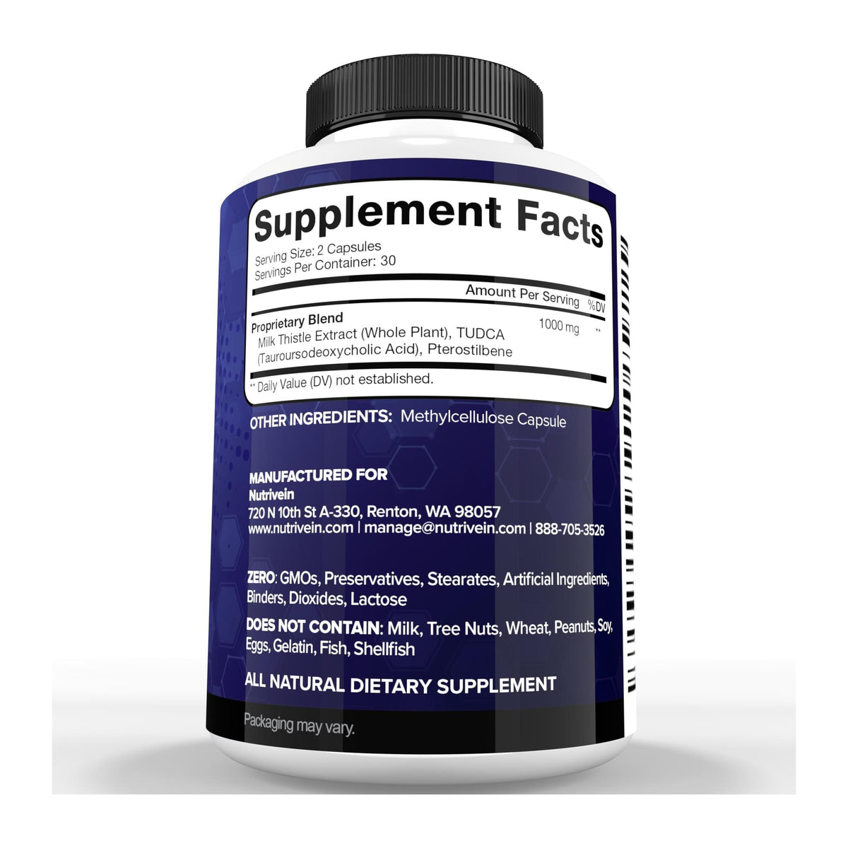 Nutrivein TUDCA Liver Support Supplement 1000mg, supplement facts panel - Image 2