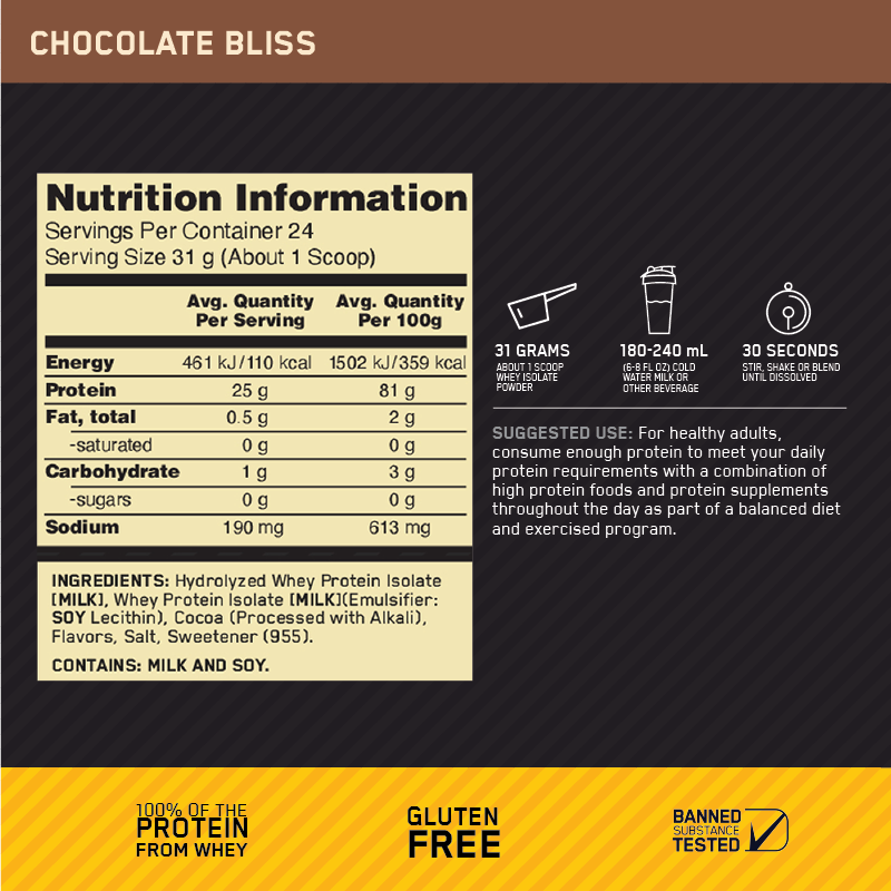 Gold Standard 100% Isolate Chocolate Bliss nutrition information - Image 3