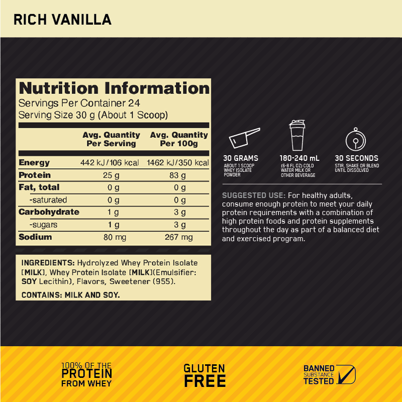 Gold Standard 100% Isolate Rich Vanilla nutrition information - Image 4