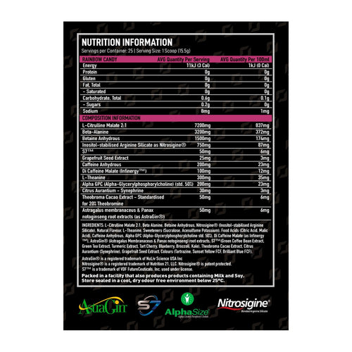 Onest Hyperload Explosive Pre-Workout 387.5 g, nutrition information panel