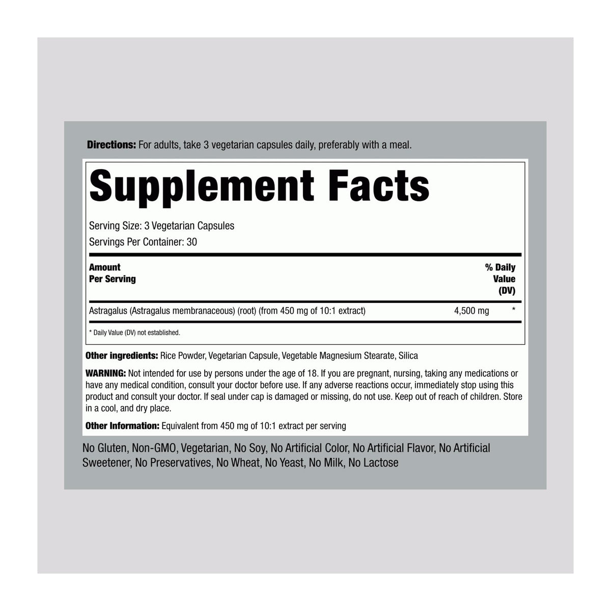 Astragalus Root 4500 mg 90 Caps by Piping Rock, supplement facts panel - Image 2