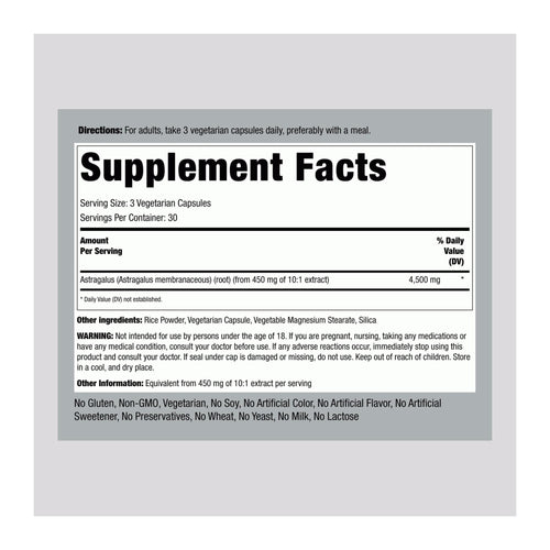 Astragalus Root 4500 mg 90 Caps by Piping Rock, supplement facts panel