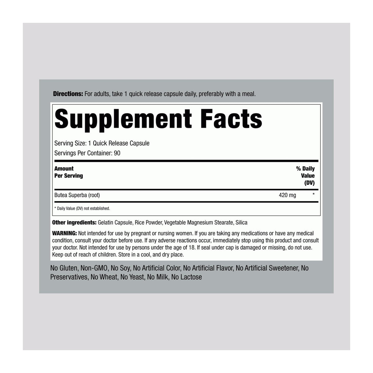 Butea Superba, 420 mg, 90 Count By Piping Rock, supplement facts panel - Image 2