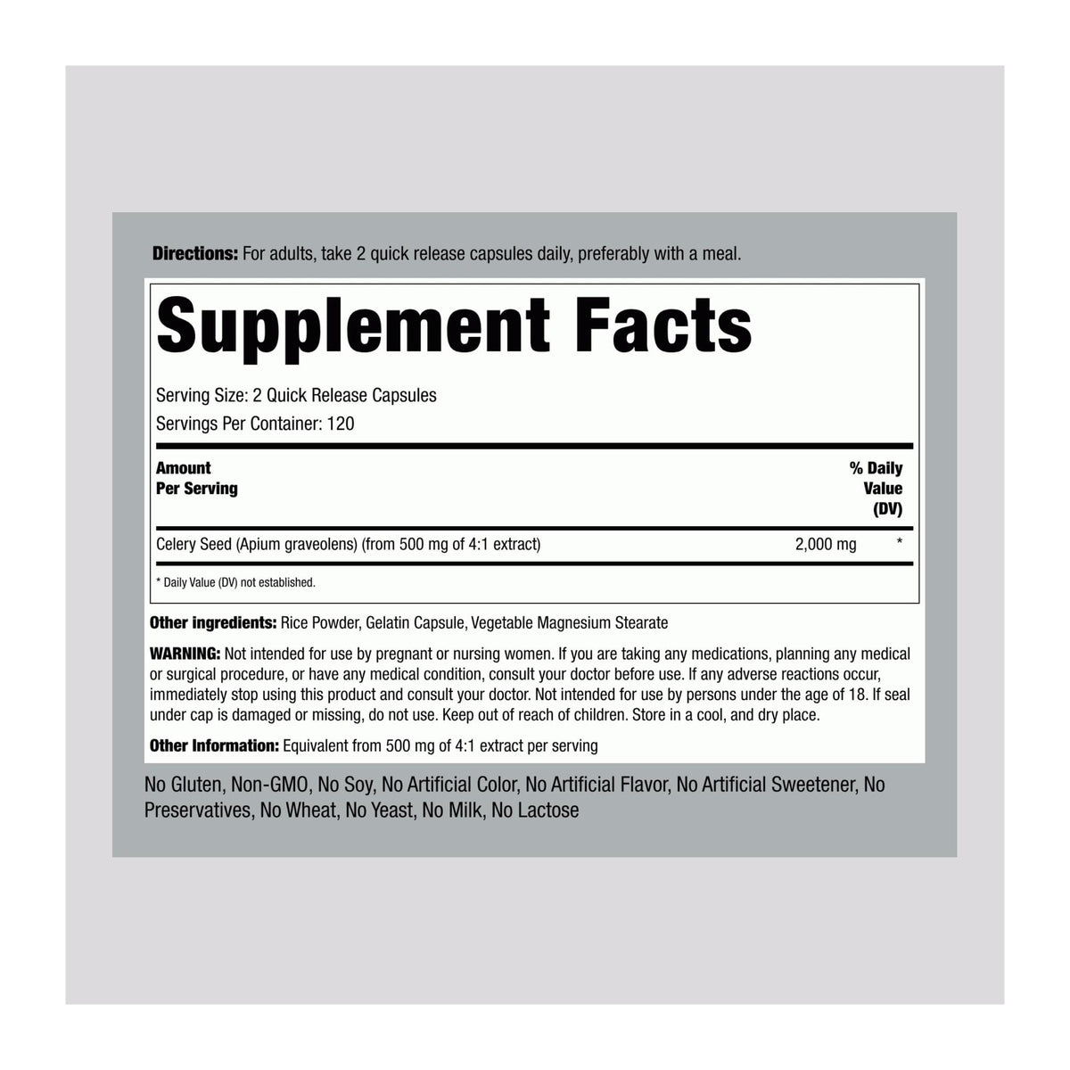 Celery Seed, 2000 mg (per serving), 240 Count By Piping Rock, supplement facts panel - Image 2