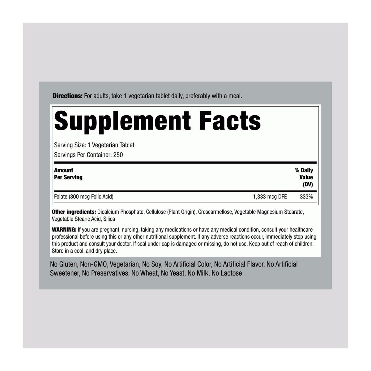Folic Acid, 800 mcg, 250 Tablets BY Piping Rock, supplement facts panel - Image 2