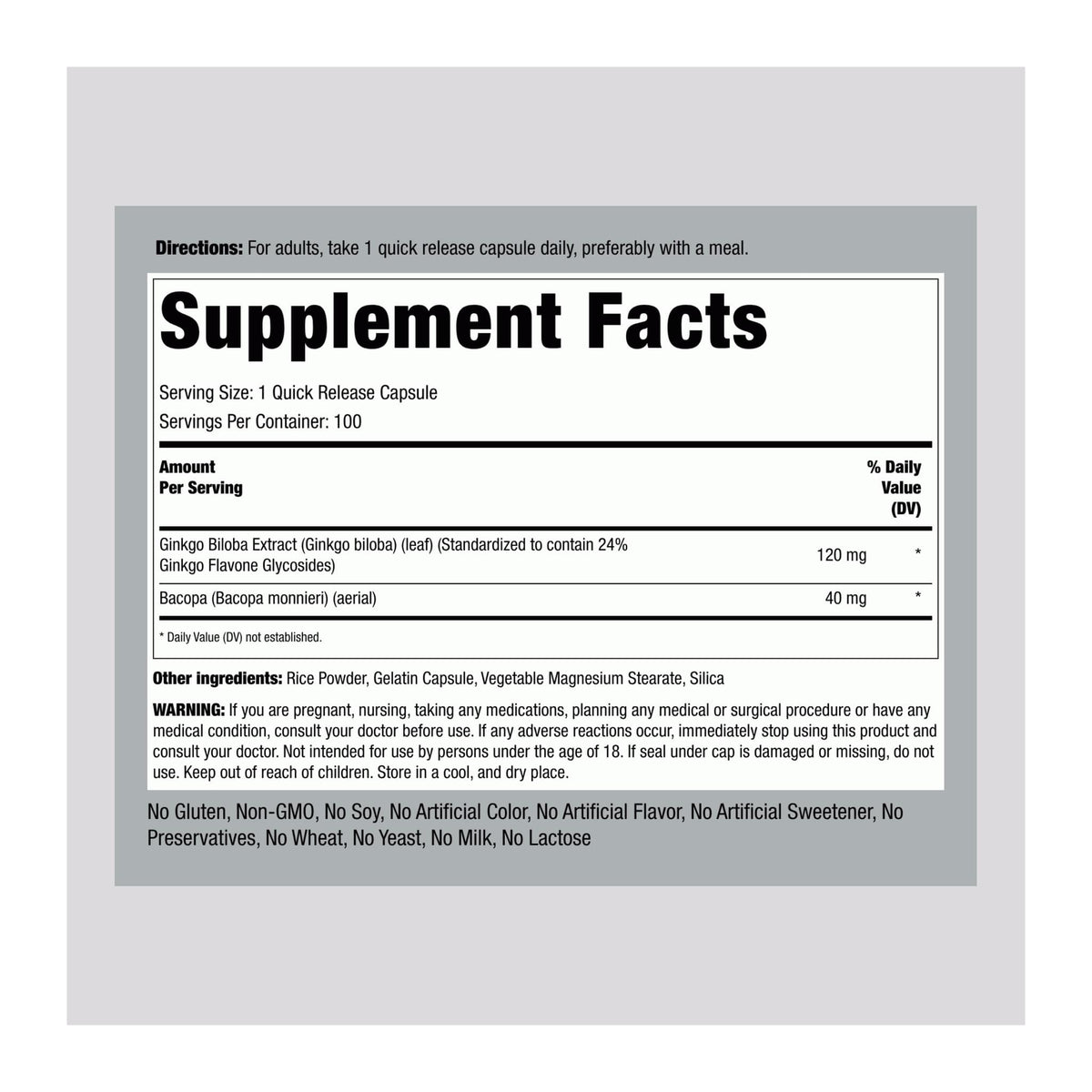 Ginkgo Biloba by Piping rock, supplement facts panel - Image 2