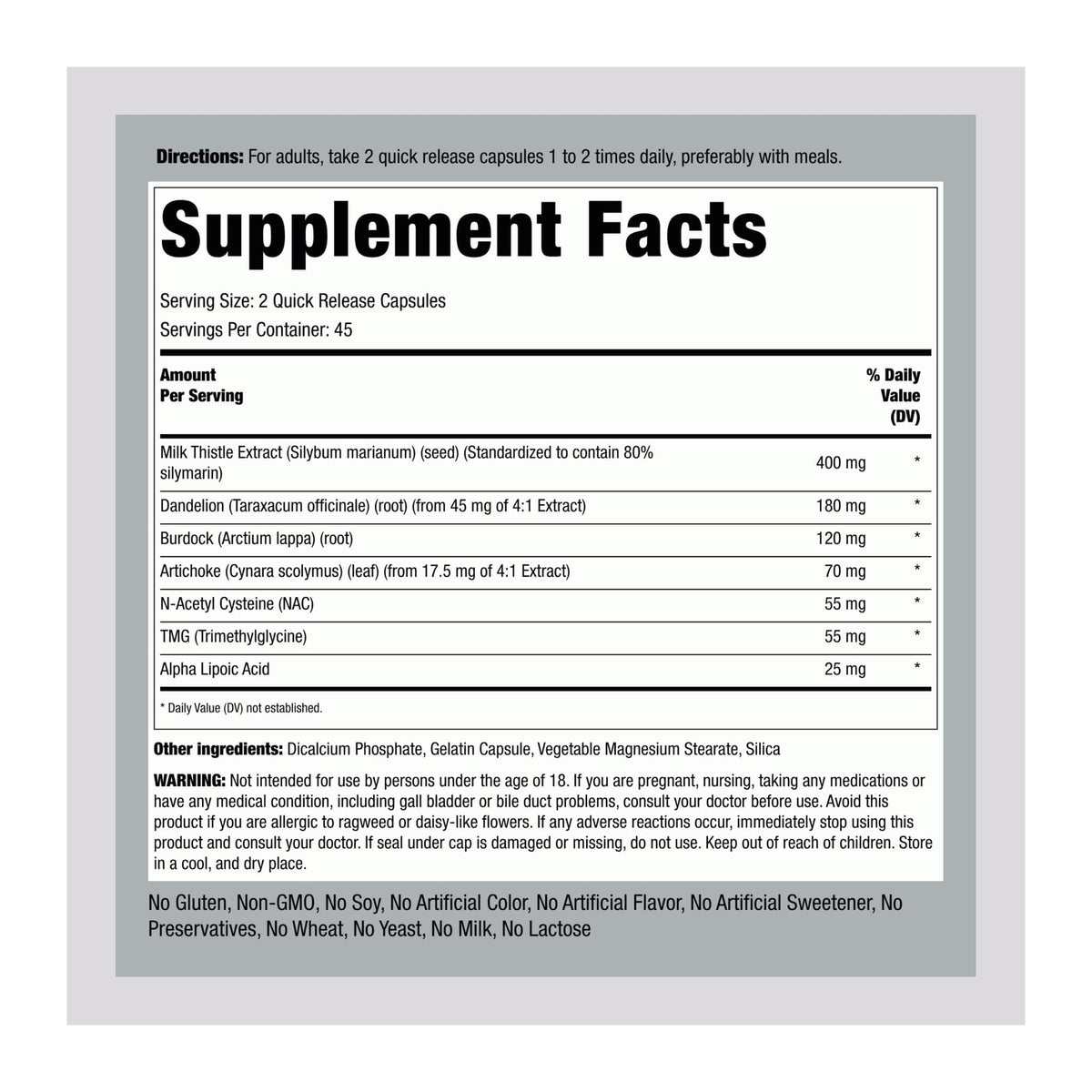 Liver Care by PipingRock, supplement facts panel - Image 2