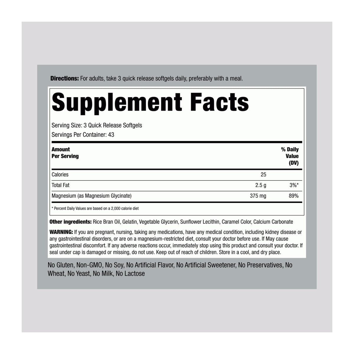 Premium Magnesium Glycinate by Piping Rock 375 mg, supplement facts panel - Image 2