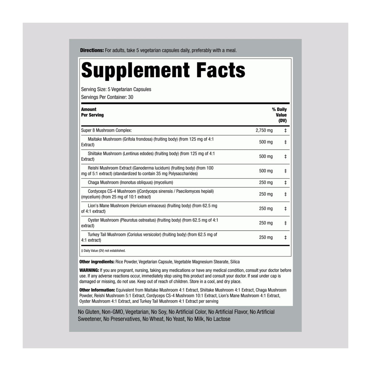 Premium Mushroom Complex 2750 mg by PipingRock, supplement facts panel - Image 2