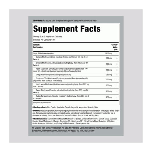 Premium Mushroom Complex 2750 mg by PipingRock, supplement facts panel