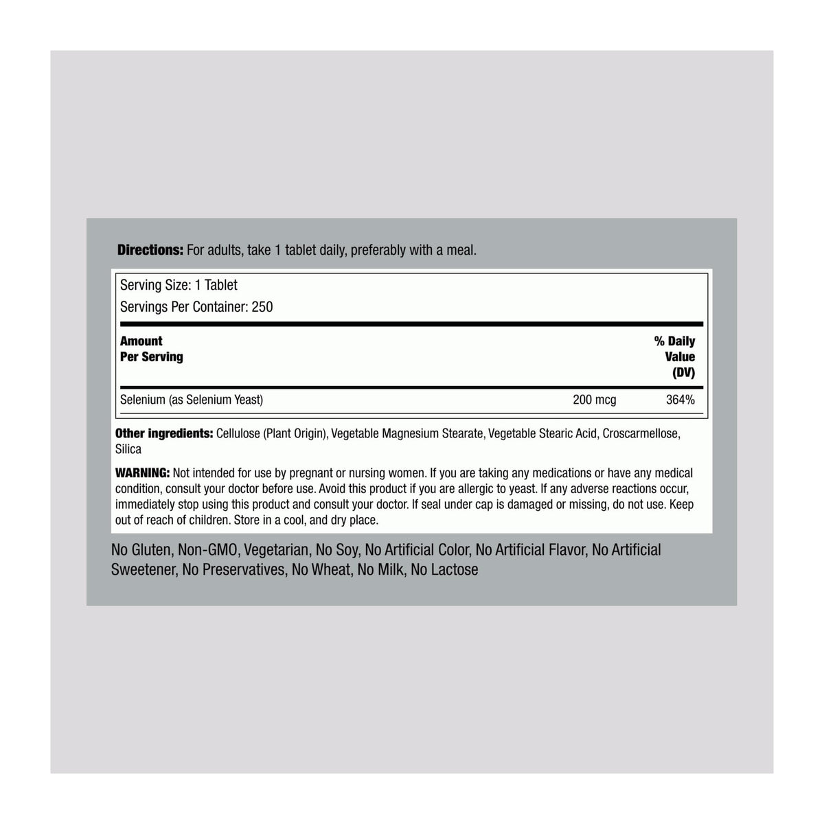 Selenium by Piping rock, supplement facts panel - Image 2