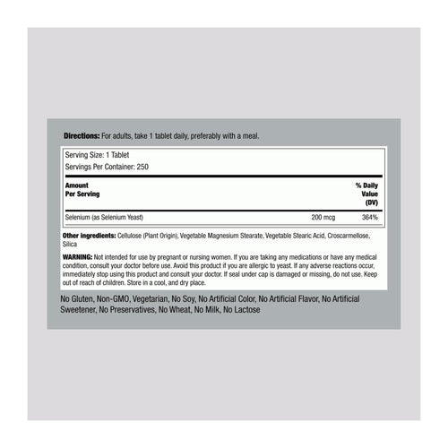 Selenium by Piping rock, supplement facts panel