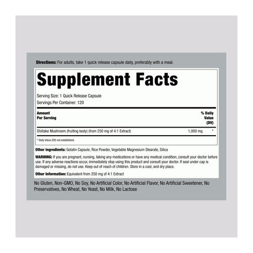 Shiitake Mushroom by Piping rock, supplement facts panel