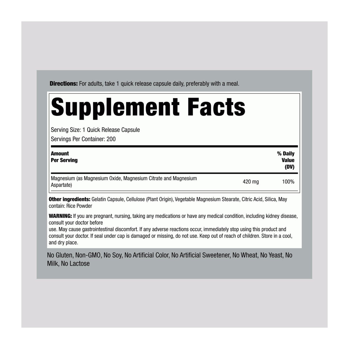 Triple Magnesium Complex by Piping Rock, supplement facts panel - Image 2