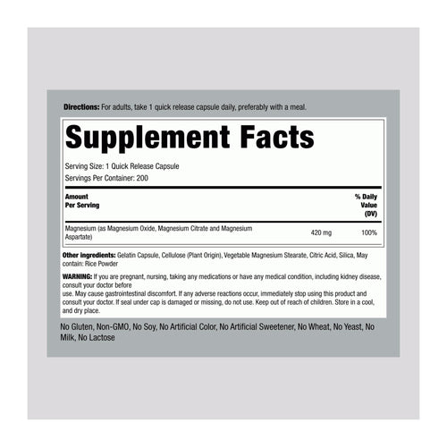 Triple Magnesium Complex by Piping Rock, supplement facts panel