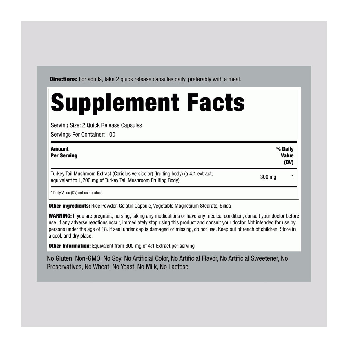 Turkey Tail Mushroom by Piping rock, supplement facts panel - Image 2