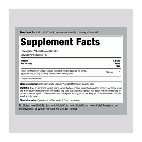 Turkey Tail Mushroom by Piping rock, supplement facts panel