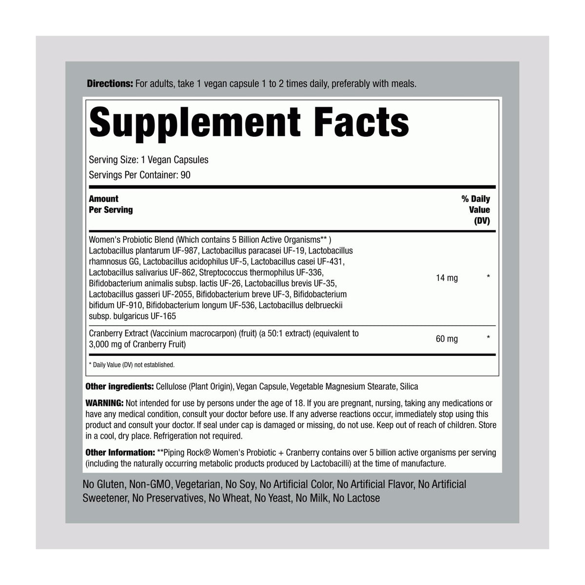 Women’s Probiotic + Cranberry by Piping Rock, supplement facts panel - Image 2