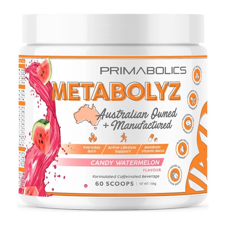 Primabolics Metabolyz Caffeinated Beverage 60 Scoops, Candy Watermelon tub front - Image 5