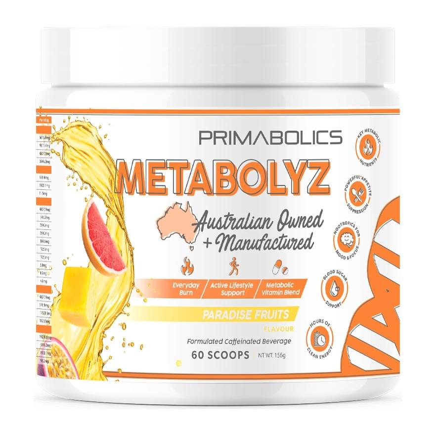 Primabolics Metabolyz Caffeinated Beverage 60 Scoops, Paradise Fruits tub front - Image 4