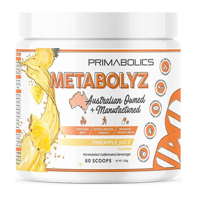 Primabolics Metabolyz Caffeinated Beverage 60 Scoops, Pineapple Juice tub front - Image 6