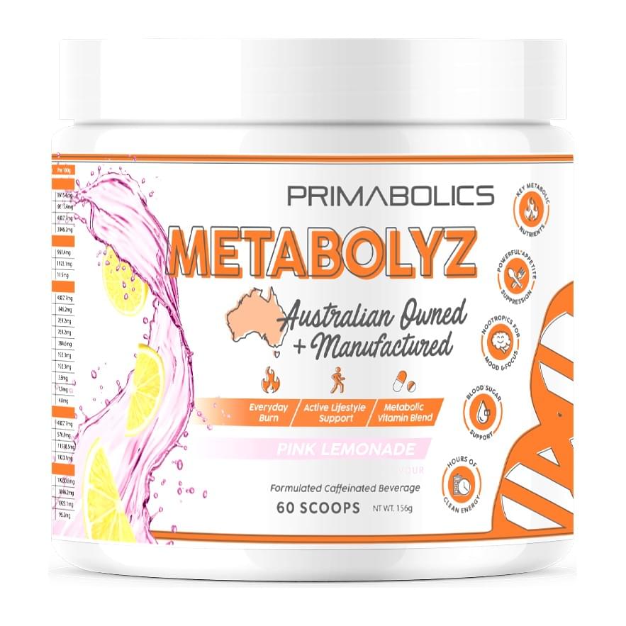 Primabolics Metabolyz Caffeinated Beverage 60 Scoops, Pink Lemonade tub front - Image 3