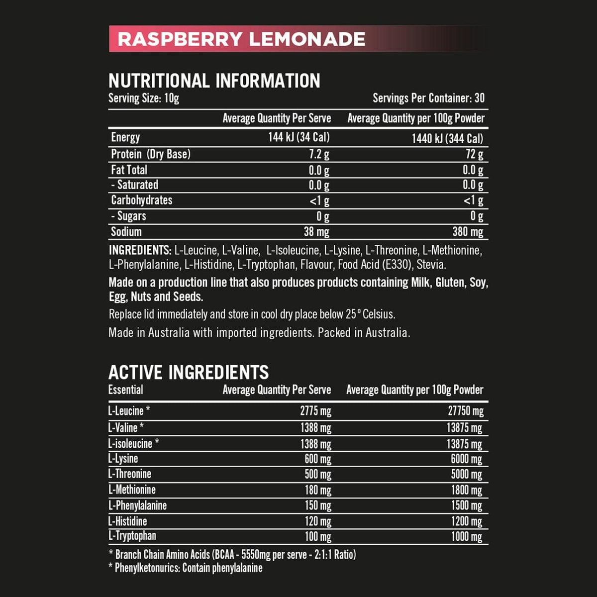 Rapid Recovery by Rapid Supps, nutrition information panel - Image 2