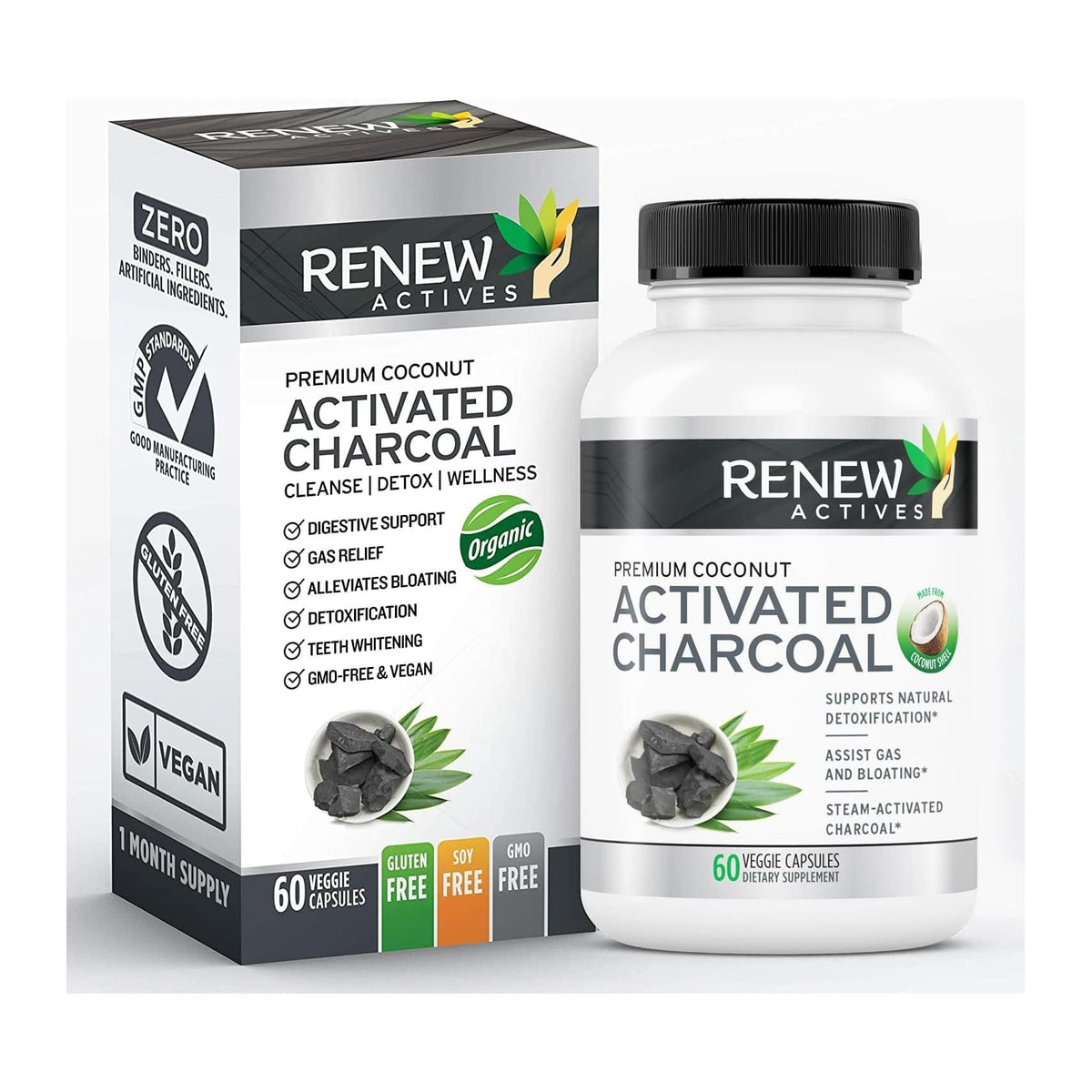 Renew Actives Premium Coconut Activated Charcoal, front of box and bottle - Image 1
