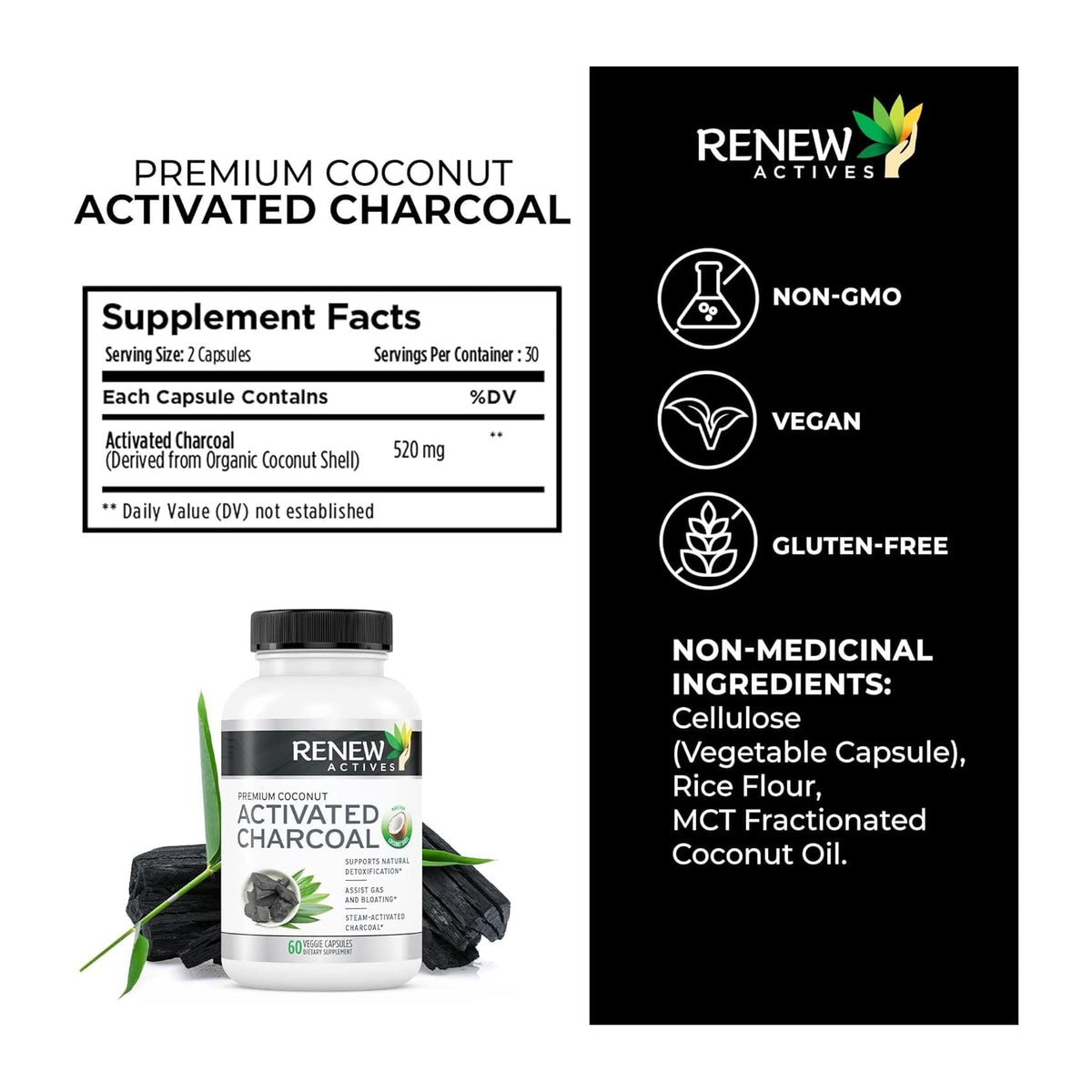 Renew Actives Premium Coconut Activated Charcoal, supplement facts panel - Image 2