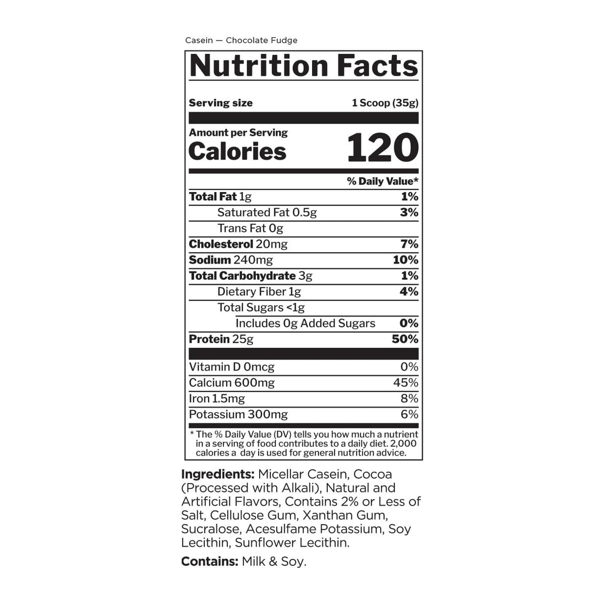 Rule 1 R1 Casein Micellar Casein Protein, nutrition facts panel (Chocolate Fudge) - Image 2