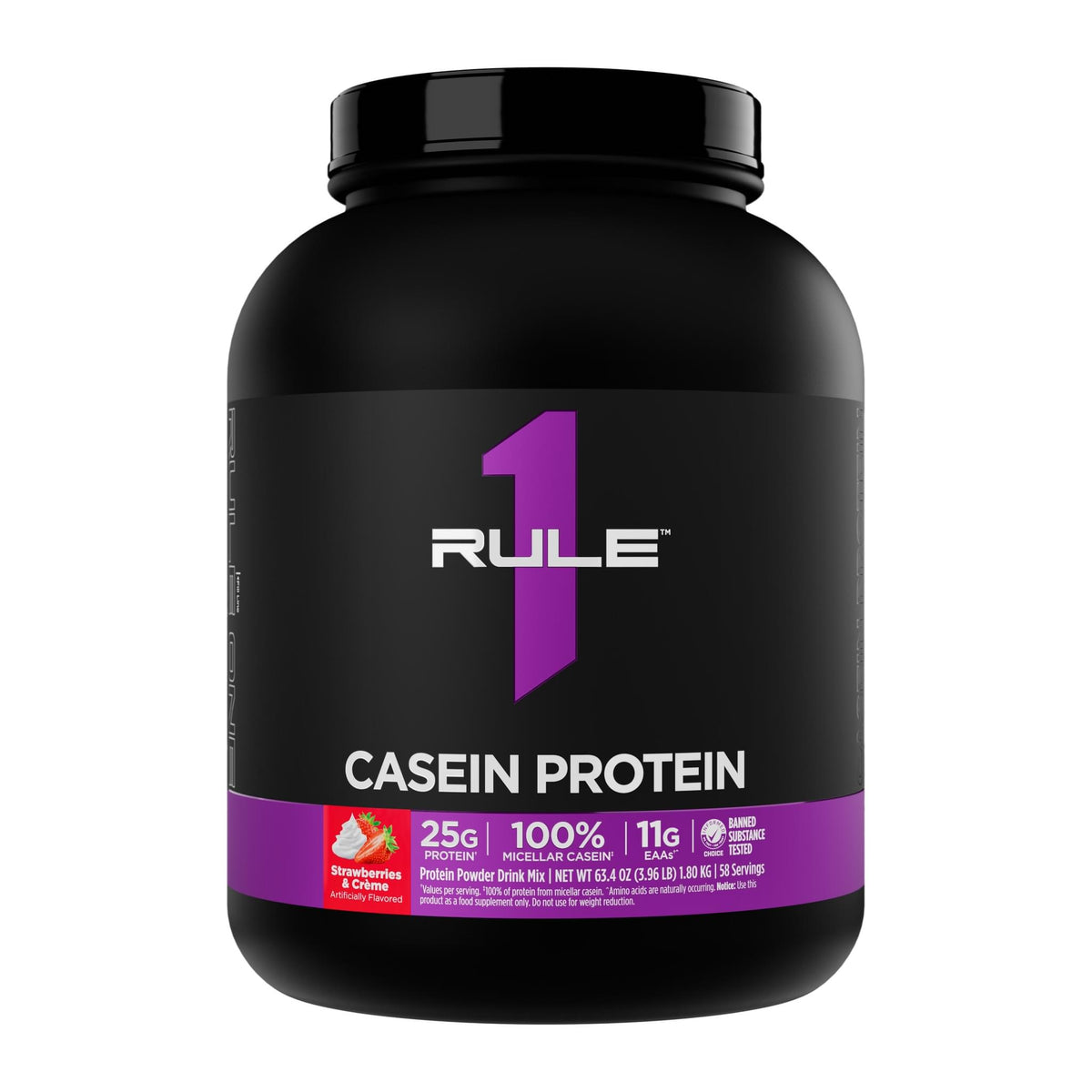 Rule 1 R1 Casein Micellar Casein Protein, Strawberries & Creme 4 lb tub front - Image 4
