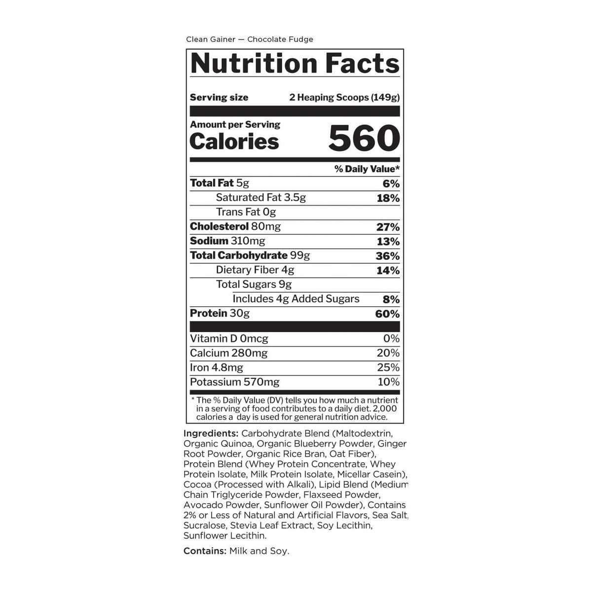 R1 Clean Gainer by Rule One, nutrition facts panel (Chocolate Fudge) - Image 2
