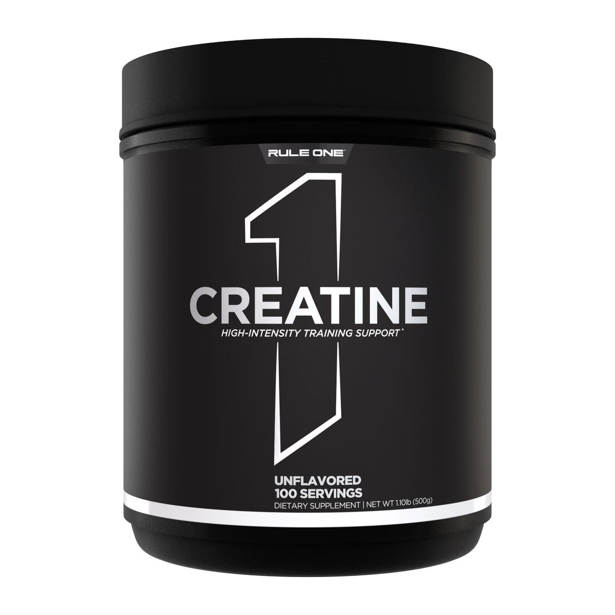 R1 Creatine 500gm, 100 Servings, 100 serve tub front - Image 1