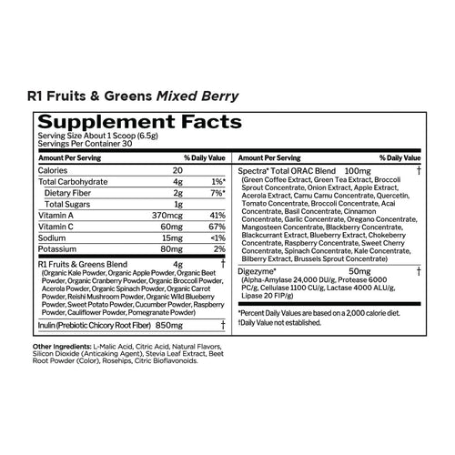 R1 Fruits & Greens by Rule One, supplement facts panel