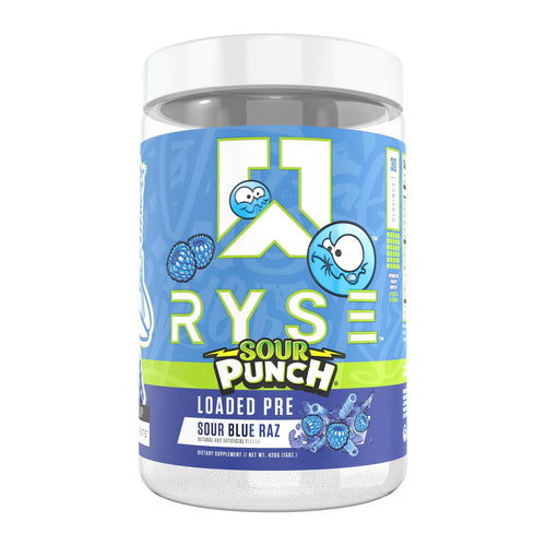 RYSE Loaded Pre-Workout, Sour Punch Sour Blue Raz tub front