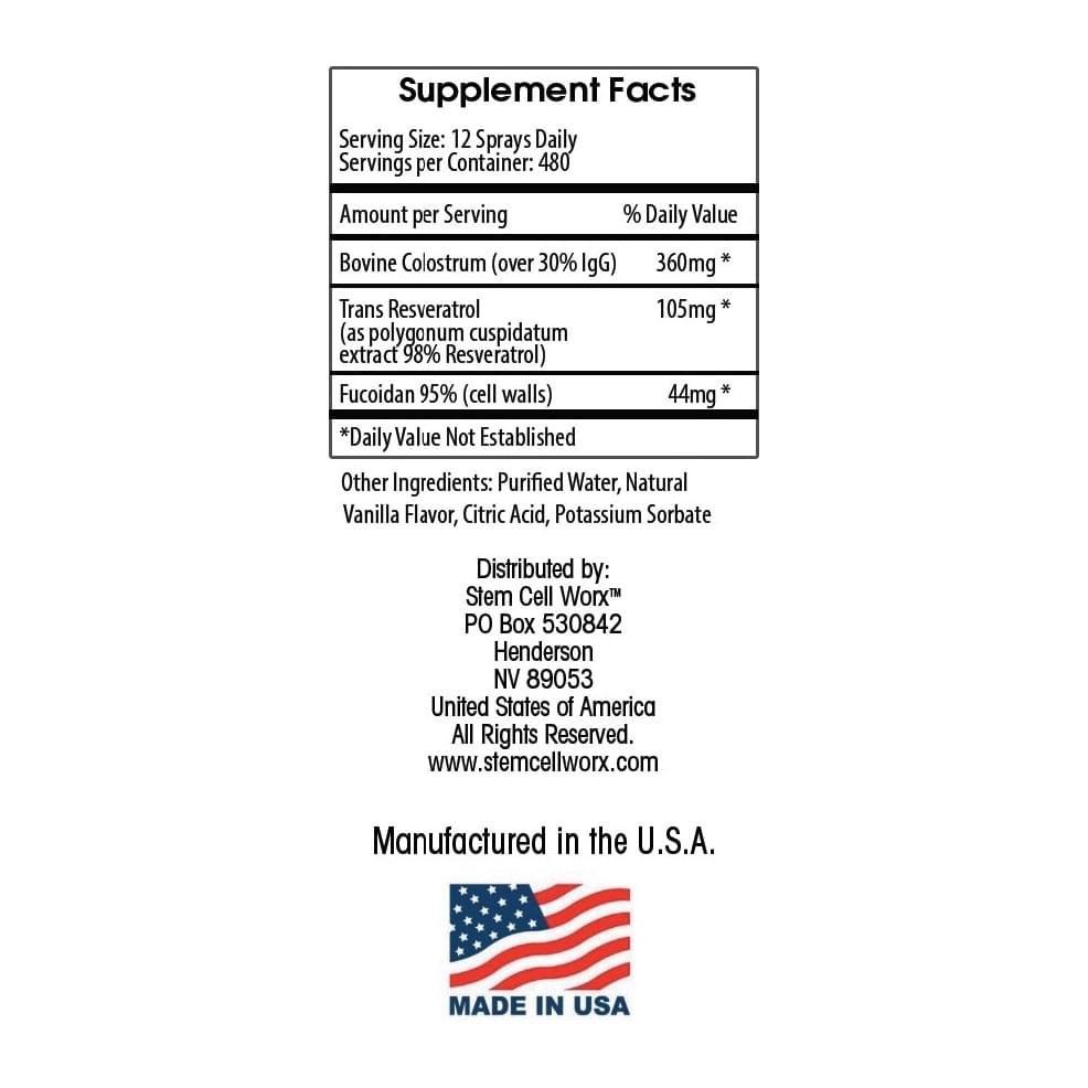 Stem Cell Worx Intraoral Spray, supplement facts panel - Image 2