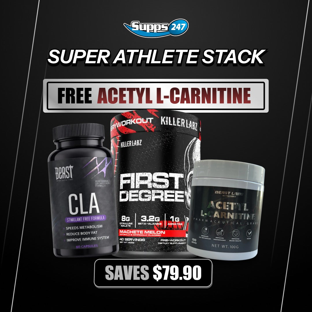 Super Athlete Stack supplement bundle by Supps247 with CLA fat burner, First Degree pre workout and free acetyl L-carnitine - Image 1