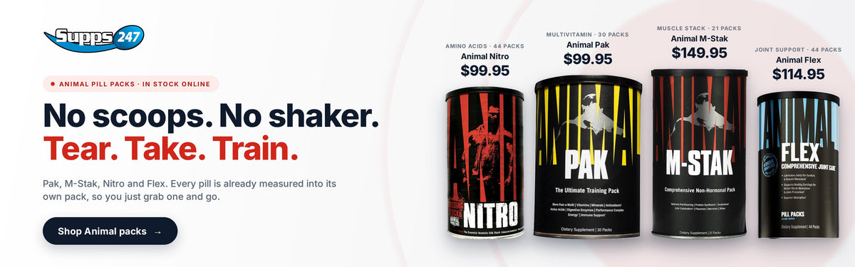 Animal pill packs, in stock online. No scoops, no shaker. Animal Pak 30 packs $99.95, Animal M-Stak 21 packs $149.95, Animal Nitro 44 packs $99.95, Animal Flex 44 packs $114.95. Shop Animal packs.