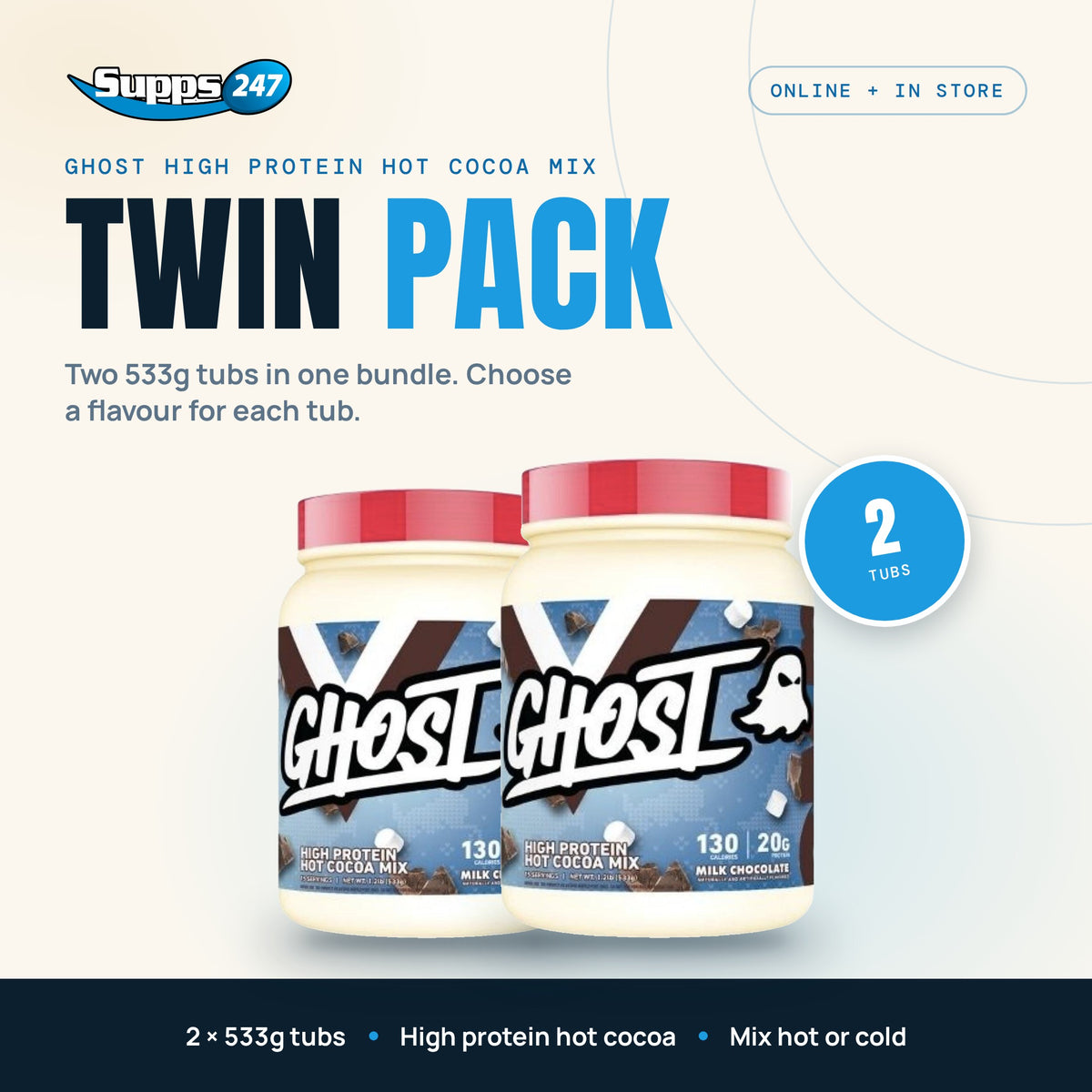 GHOST High Protein Hot Cocoa Mix Twin Pack: two 533g tubs at Supps247 - Image 1