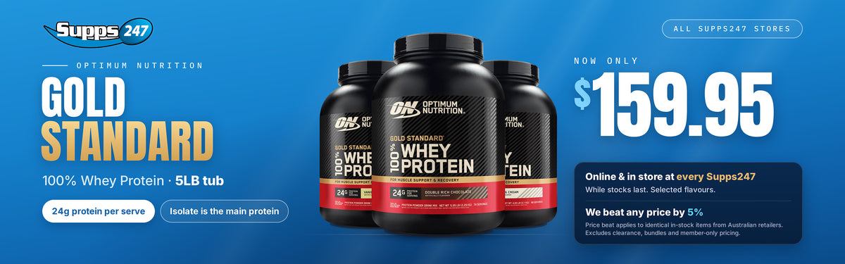 Optimum Nutrition Gold Standard 100% Whey 5lb tub, now only $159.95 online and in store at every Supps247. While stocks last.