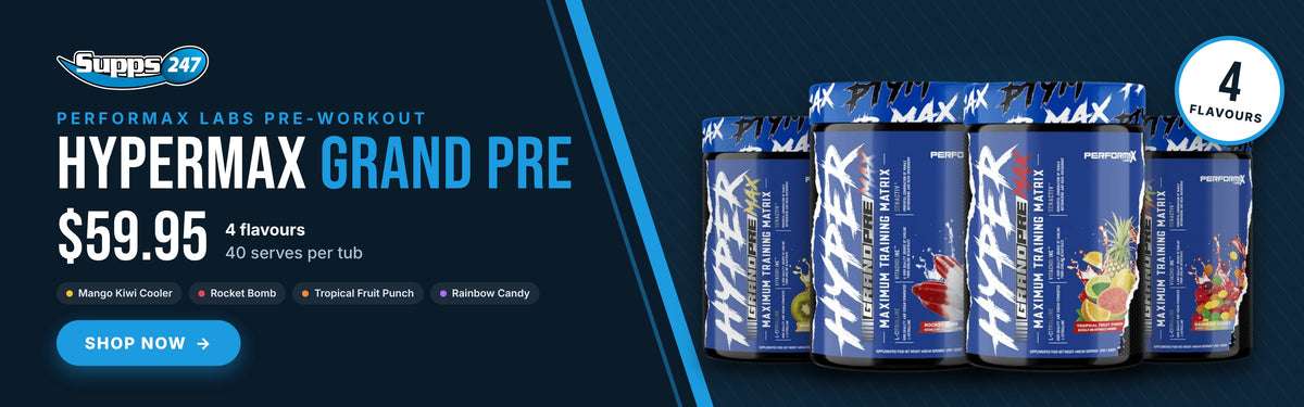HyperMax Grand Pre pre-workout $59.95, 4 flavours: Mango Kiwi Cooler, Rocket Bomb, Tropical Fruit Punch, Rainbow Candy
