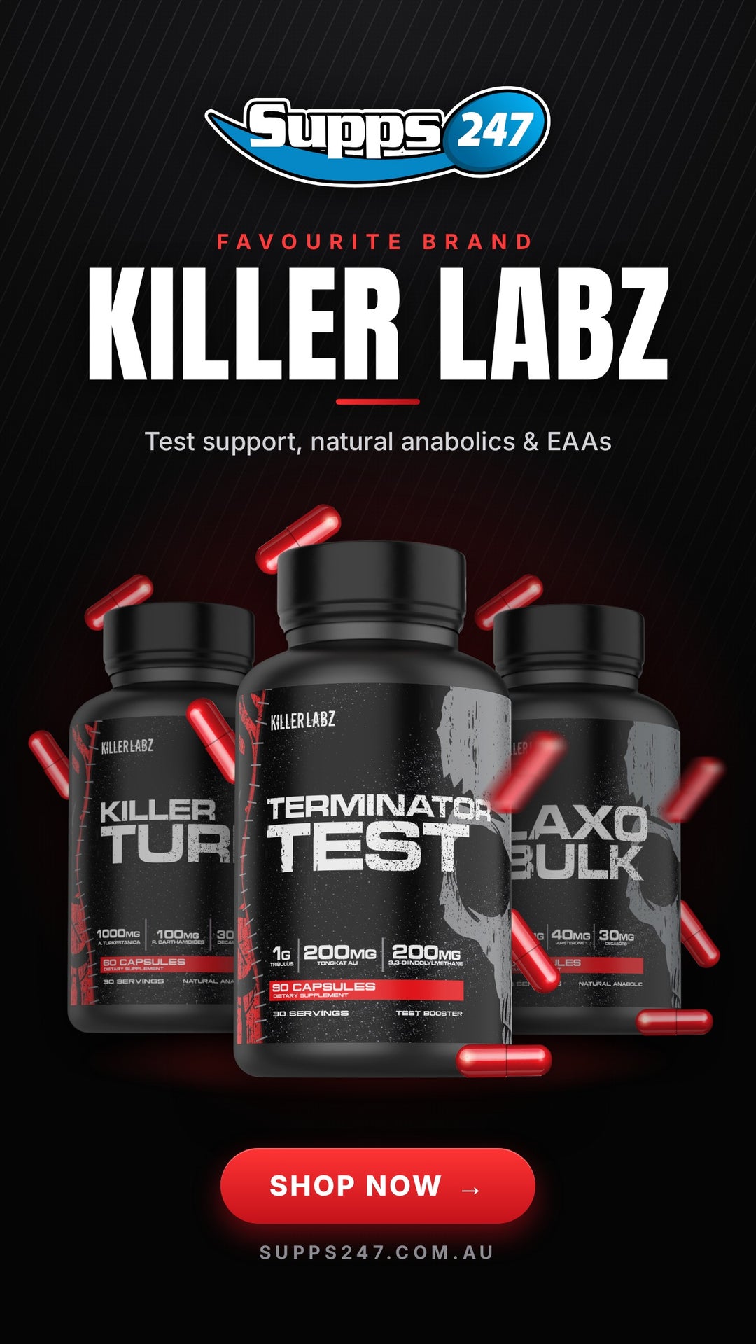 Killer Labz supplements at Supps247: Terminator Test, Killer Turk and Laxobulk