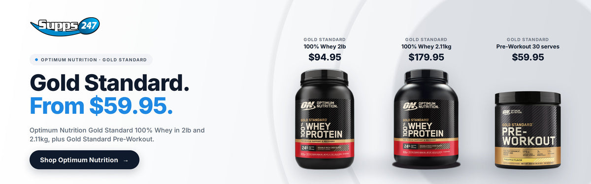Optimum Nutrition Gold Standard from $59.95: 100% Whey 2lb $94.95, 100% Whey 2.11kg $179.95, Pre-Workout 30 serves $59.95