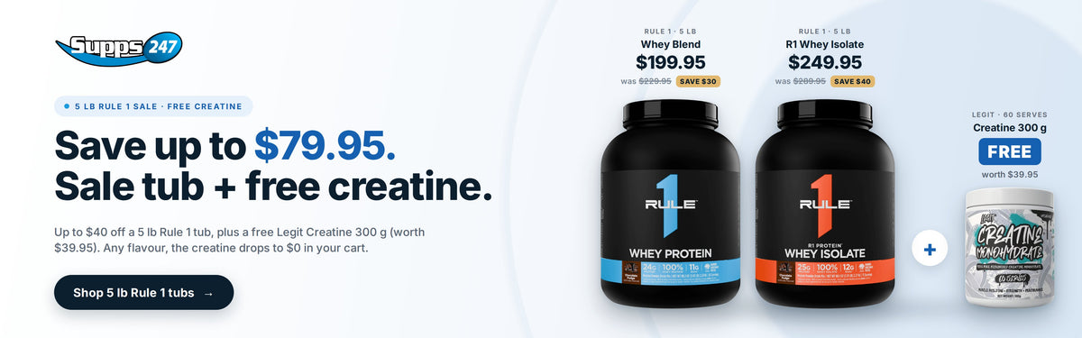 Buy a 5 lb Rule 1 tub, get Legit Creatine 300 g (60 serves, worth $39.95) free. Rule 1 Whey Blend 5 lb $199.95, R1 Whey Isolate 5 lb $249.95, any flavour.