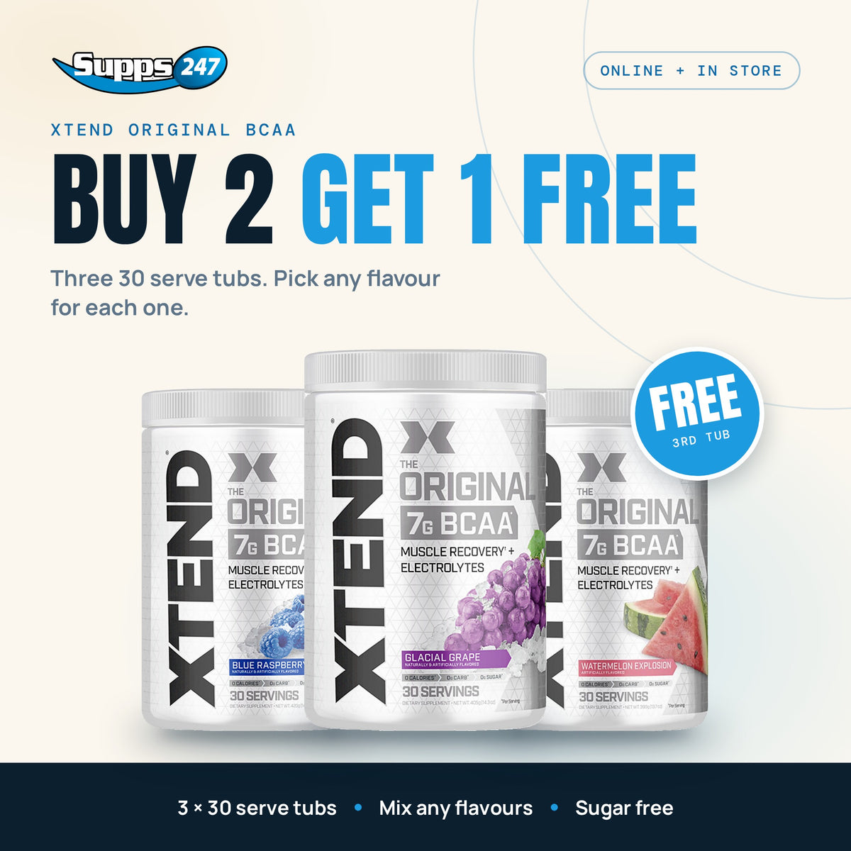 Xtend Original BCAA Buy 2 Get 1 Free: three 30 serve tubs, pick any flavour for each, at Supps247 - Image 1
